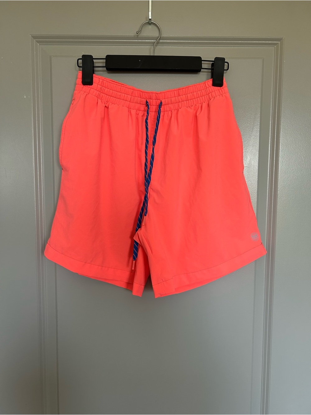 Men's Tyler’s Bright Coral Swim Trunks with Blue Drawstring